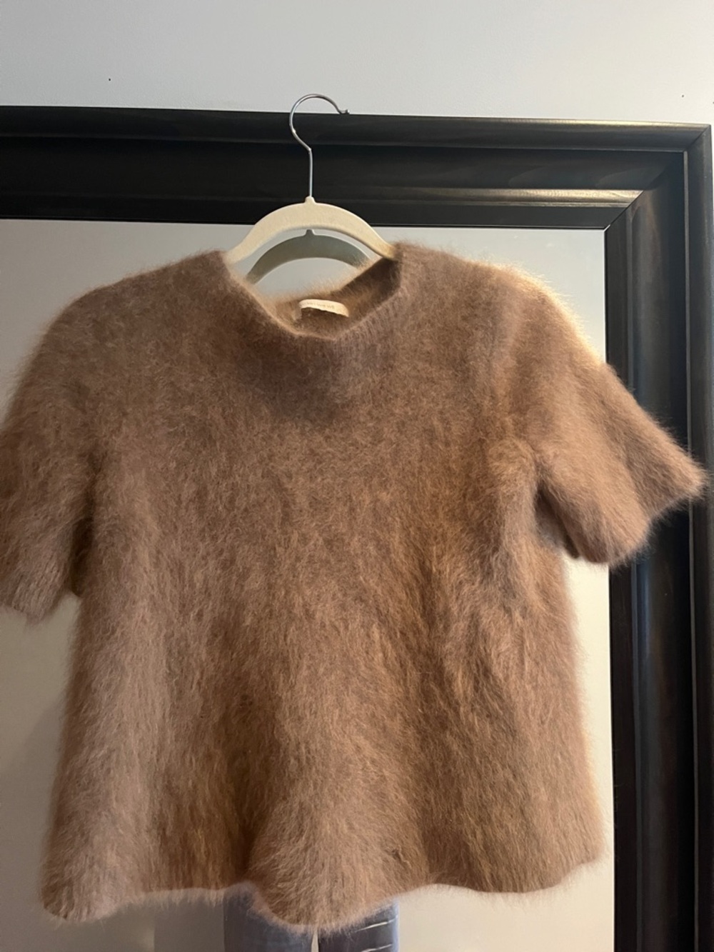 Women's Short-Sleeve Fuzzy Crewneck Sweater in Camel